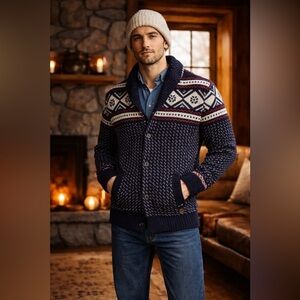 Woolrich Italy Wool Cashmere Nordic Fair Isle Shawl Collar Cardigan  *RARE*